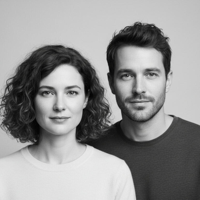 Foto en blanco y negro de los novios mirando hacia la cámara