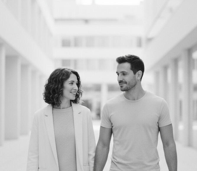 Irene & Pablo Foto en blanco y negro de los novios paseando por un edificio moderno
